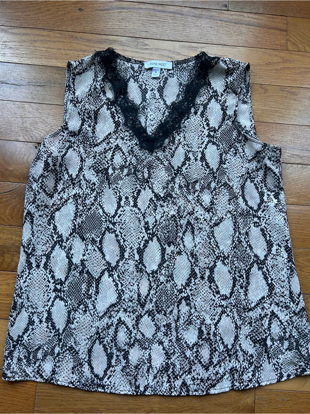 Nine West Black & Cream Snake Print Lace-Trim Sleeveless Top